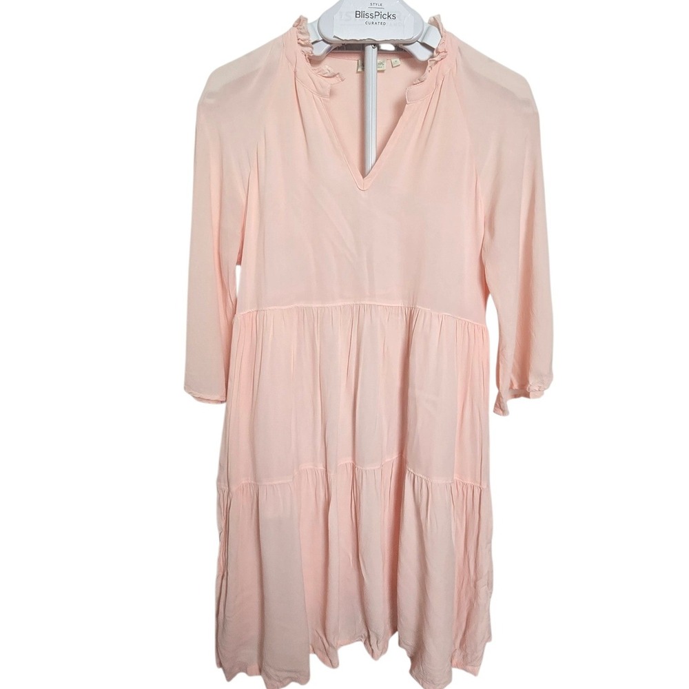 Spartina 449 Womens Blush Pink Tiered Ruffle V-Neck Mini Dress Small 3/4 Sleeve
